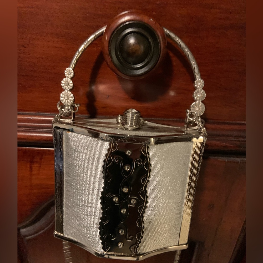 Silver flask shaped cocktail purse with shoulder chain